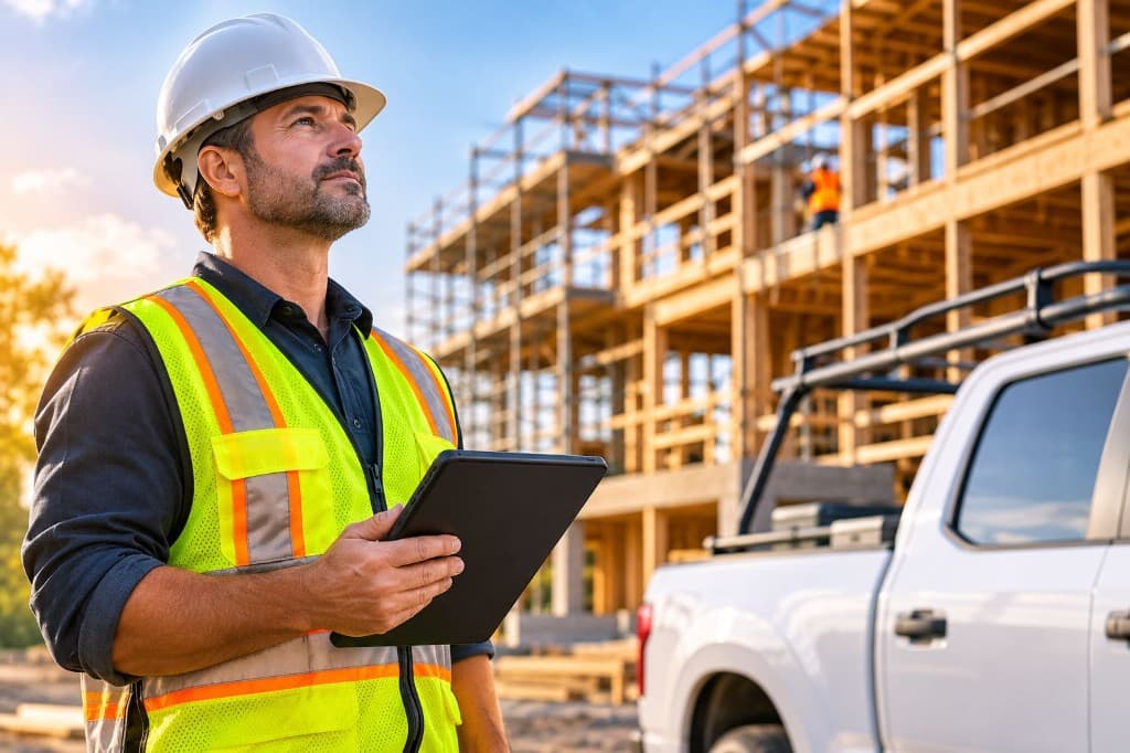 General contractor reviewing plans on a residential construction site