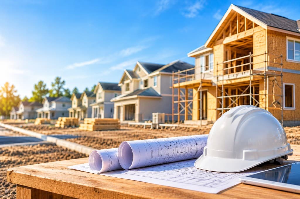 Residential subdivision under construction with blueprints for production builders and developers